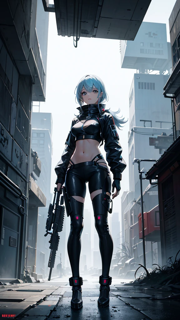 futuristic wanderer woman in a cyberpunk attire, cute, showing navel, exploring a barren wasteland in a post-apocalyptic setting, dilapidated urbanscape, spaceship in the background, grim expression, scared expression