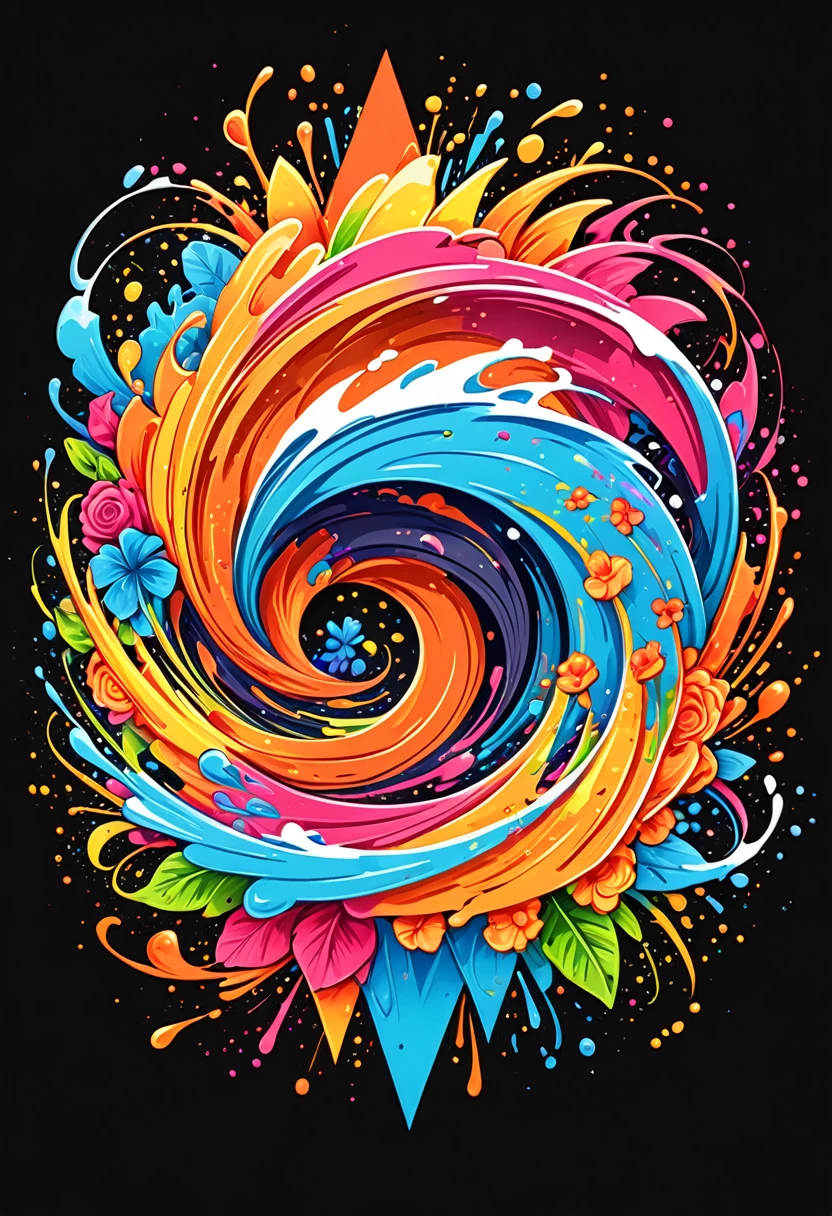 T-shirt logo with vector art, Colorful illustration with roses, At the center, swirly vibrant colors, paint splashes and smears, high détail,Hawaii Background (work of art, best qualityer, proffesional, perfect composition, very aesthetic, absurdrez, super verbose, details Intricate:1.3) black backdrop