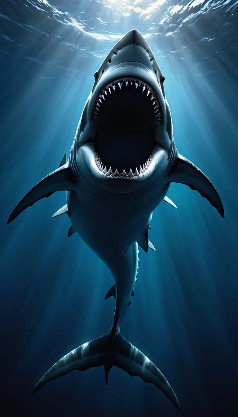 endless deep water, high detail, giant megalodon shark, no fish, deep water, abyss, dark blue, black abyss below, creepy