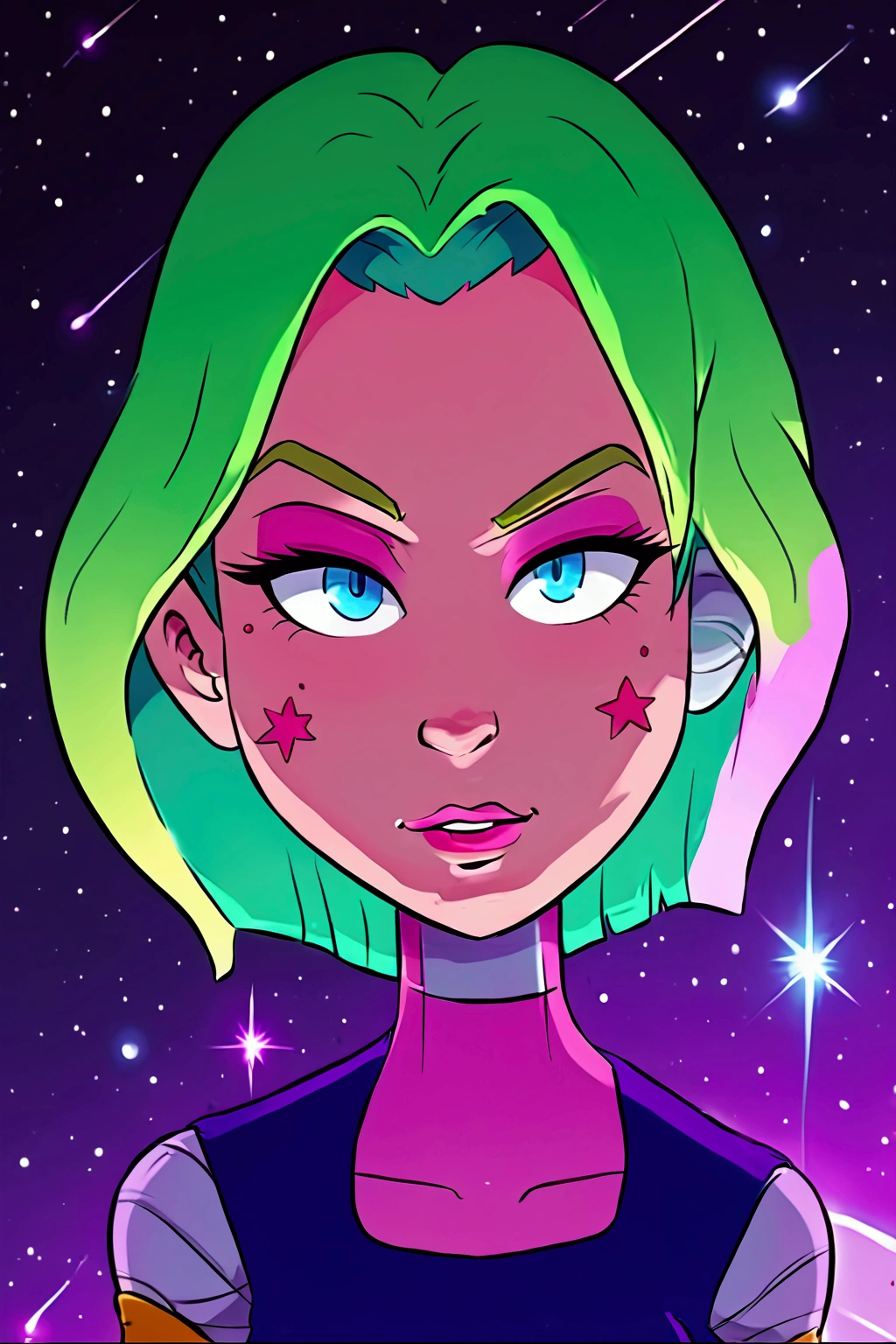 a close up of a cartoon woman with green hair, girl of the zodiac knights, portrait girl of the zodiac knights, portrait anime space cadet girl, girl in space, queen of the galaxy, goddess of the galaxies, cosmic girl, saiyan girl, molly space, on a galaxy-looking background, intergalactic princess, android heroine, cyborg goddess in cosmos, on top of a meteor