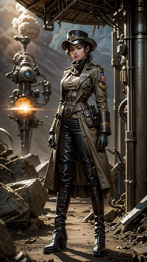 Awoman in a steampunk military uniform on an unknown planet encounters aliens who seem hostile