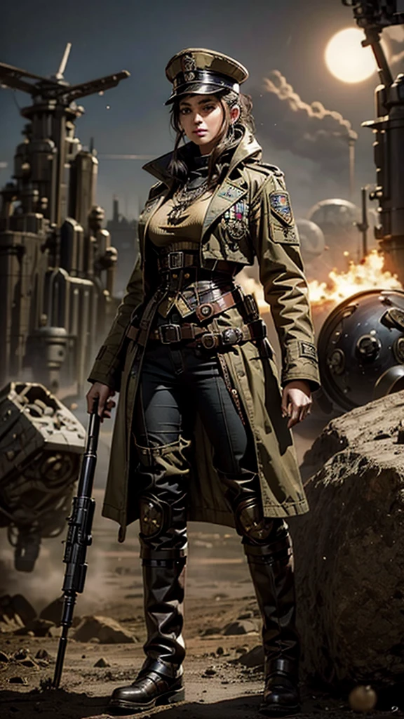 Awoman in a steampunk military uniform on an unknown planet encounters aliens who seem hostile