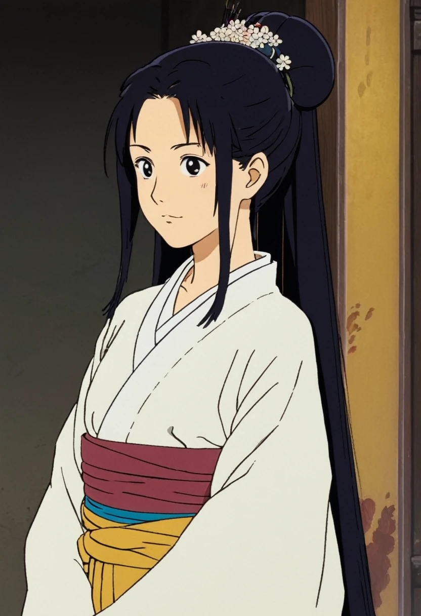 A Ghibli's studio character (2D). She have long black hair are tied but look messy. She wears traditional dark oiran clothes . she seems cold