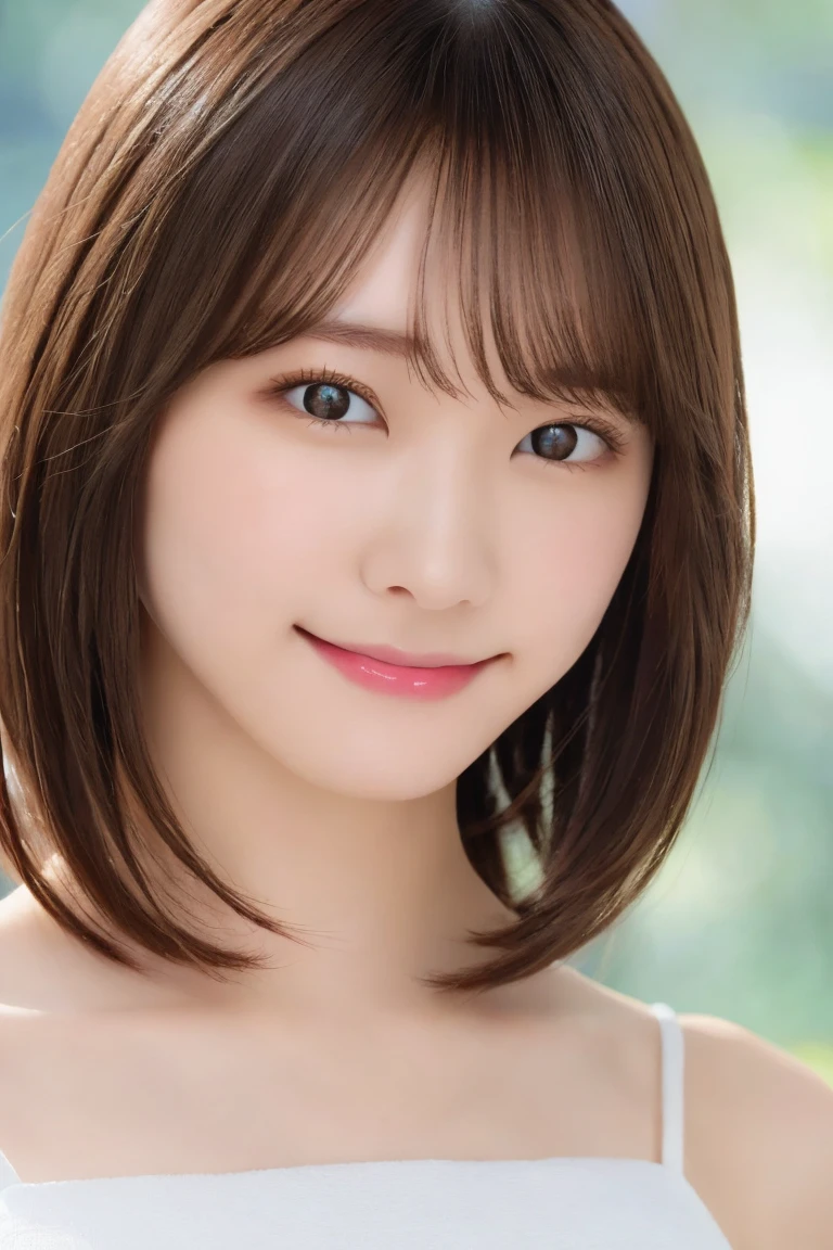 (8K.Highest quality), (beautiful)、Very delicate eyes、Brown eyes、22-year-old female、Brown Hair、Fine skin、Semi-short hair、Soft Breasts、bangs、smile、camisole