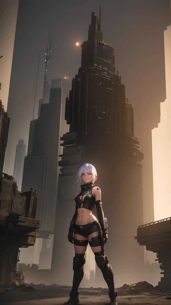 futuristic wanderer woman in a cyberpunk attire, cute, showing navel, exploring a barren wasteland in a post-apocalyptic setting, dilapidated urbanscape, spaceship in the background, grim expression, scared expression