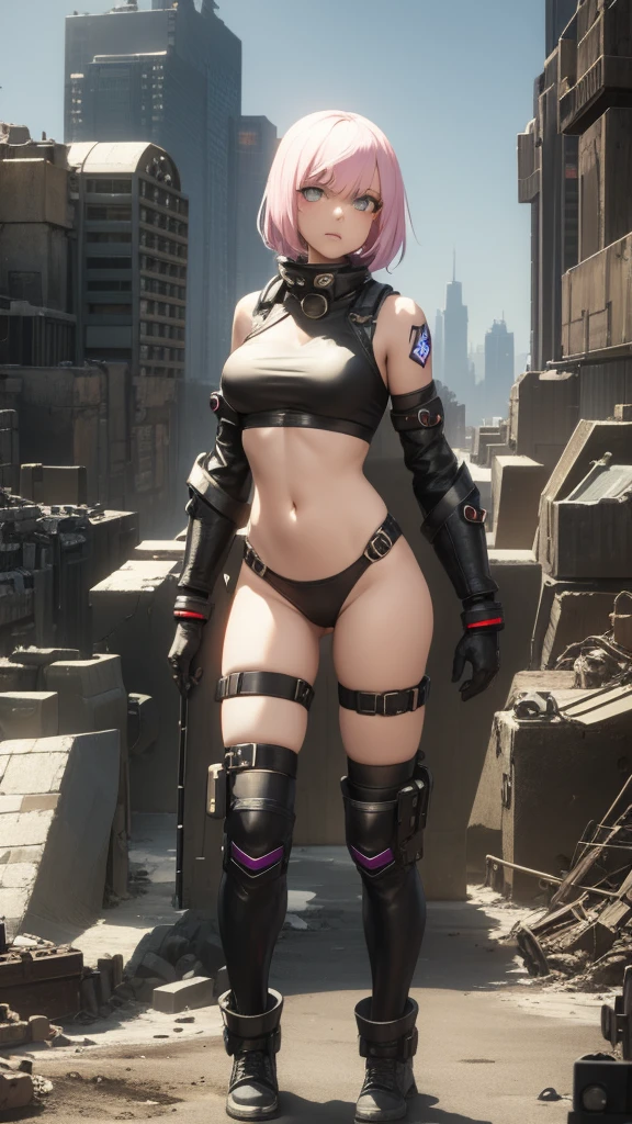 futuristic wanderer woman in a cyberpunk attire, cute, showing navel, exploring a barren wasteland in a post-apocalyptic setting, dilapidated urbanscape, spaceship in the background, grim expression, scared expression