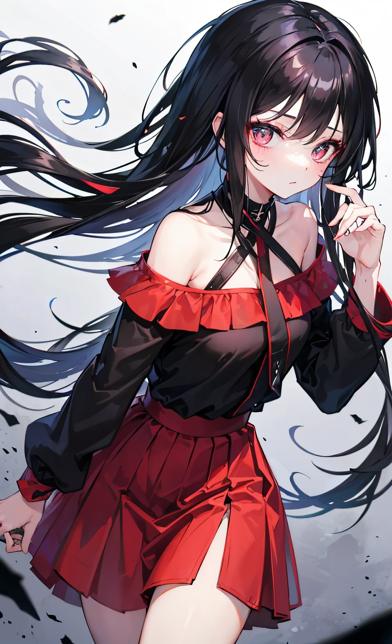 off-shoulder black shirt,Red skirt black long hair,Extremely gorgeous smoky makeup,Cold and bad sister