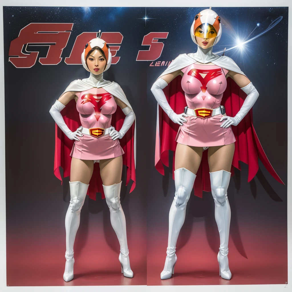 ANI_CLASSIC_jun_gatchaman_ownwaifu,1girl, 15 years old,good anatomy, masterpiece, best quality,realistic, hyper realistic, 16k hdr, long hair,breasts,lips,large breasts,lipstick,makeup,gloves,cape,helmet,belt,elbow gloves,white gloves,mask,ultra miniskirt,leotard,spacesuit,white tight overknee highheels boots,pink dress,superhero,bodysuit,cleavage,erected nipples,(stand pose,hands on hip),(spread legs:1.1),cameltoe