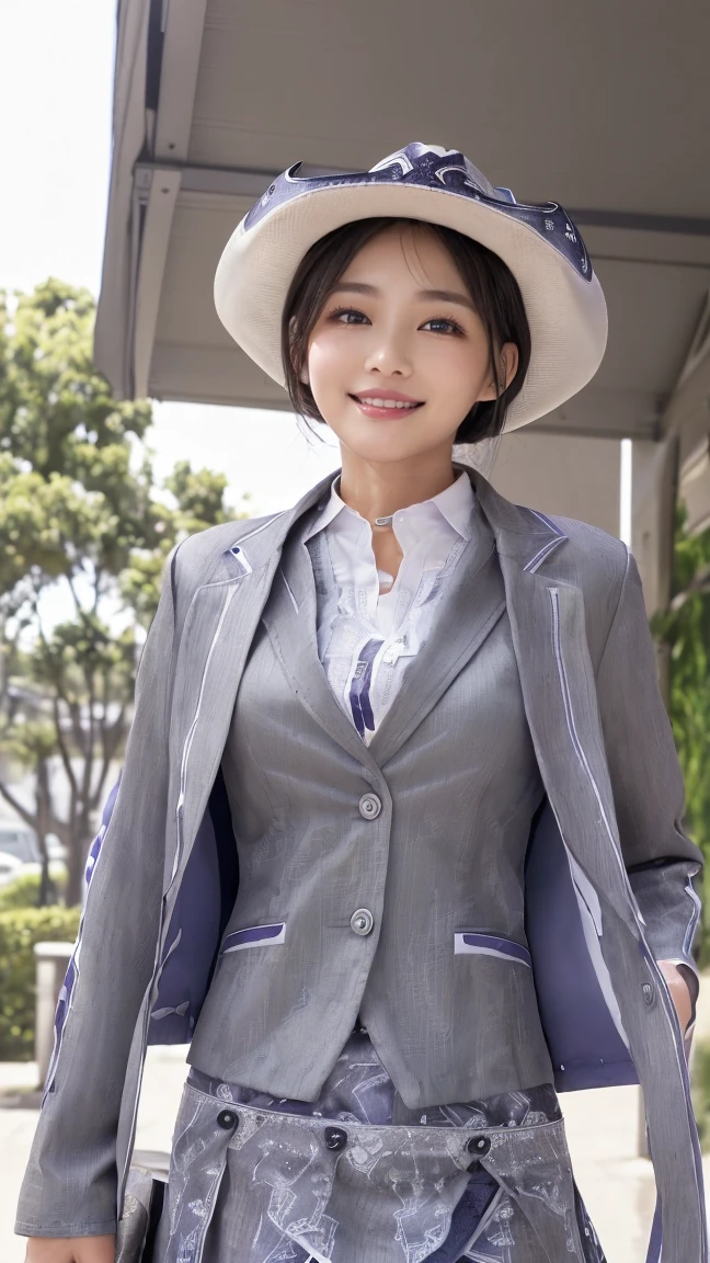 Realistic、masterpiece、Highest quality、Highest quality、(Absolutely alone、woman:1.5)、Eyelash extensions、Draw eyelashes sharply、Smiling with teeth showing、Your eyes are shining、(Stand with your whole body facing the viewer、True Face:1.5)、日本人のwoman、No background needed、((((Grey suit jacket)、Short Tight Skirt in Grey,)、A simple white button-up shirt:1.2)、She is wearing purple lace panties、(Cowboy Shot:1.5)、(View the subject from below:1.3)、(Her skirt is very short、I can see your panties:1.3)