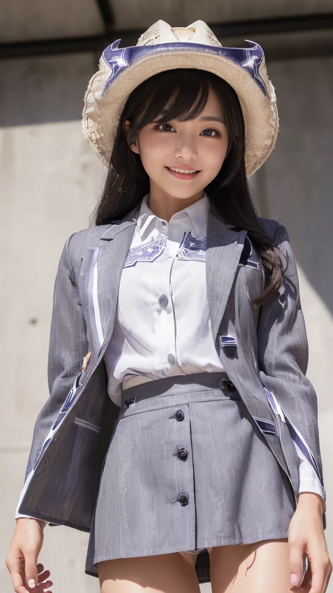 Realistic、masterpiece、Highest quality、Highest quality、(Absolutely alone、woman:1.5)、Eyelash extensions、Draw eyelashes sharply、Smiling with teeth showing、Your eyes are shining、(Stand with your whole body facing the viewer、True Face:1.5)、日本人のwoman、No background needed、((((Grey suit jacket)、Short Tight Skirt in Grey,)、A simple white button-up shirt:1.2)、She is wearing purple lace panties、(Cowboy Shot:1.5)、(View the subject from below:1.3)、(Her skirt is very short、I can see your panties:1.3)
