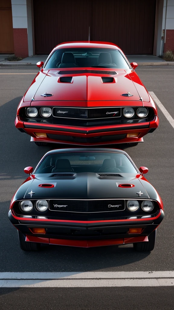 1980's dodge challenger,  black paint job with red accents.