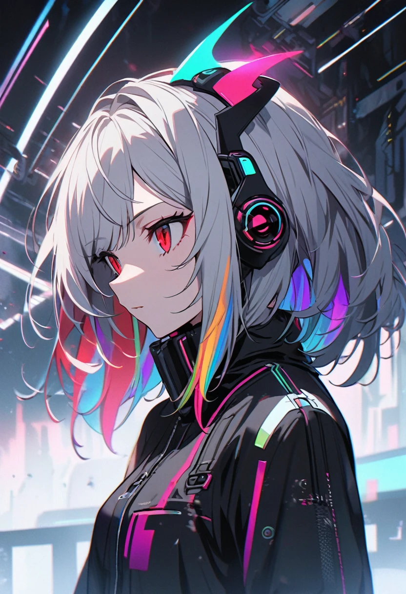 good looking, alone, 1 female, Medium Hair, Gray Hair, Rainbow Hair, Red eyes, Black clothes, Futuristic, cyber punk, Cybernetic, neon, Scientist、Dark and cool