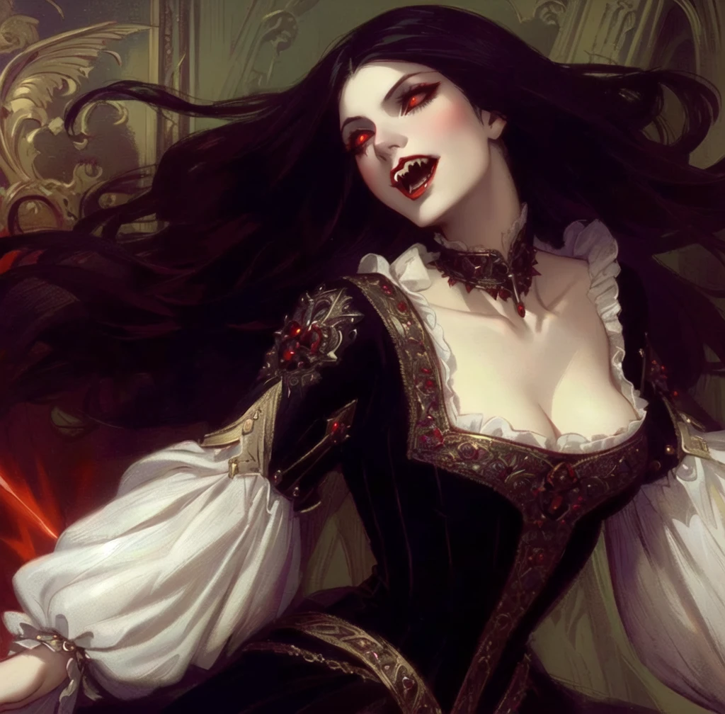 arafed woman in a black dress with a white collar and a red and gold necklace, carmilla vampire, woman vampire, female vampire, tom bagshaw donato giancola, caravaggio and artgerm, gothic fantasy art, liliana vess, vampires fantasy, alluring mesmer woman, beautiful female vampire, beautiful vampire female queen
