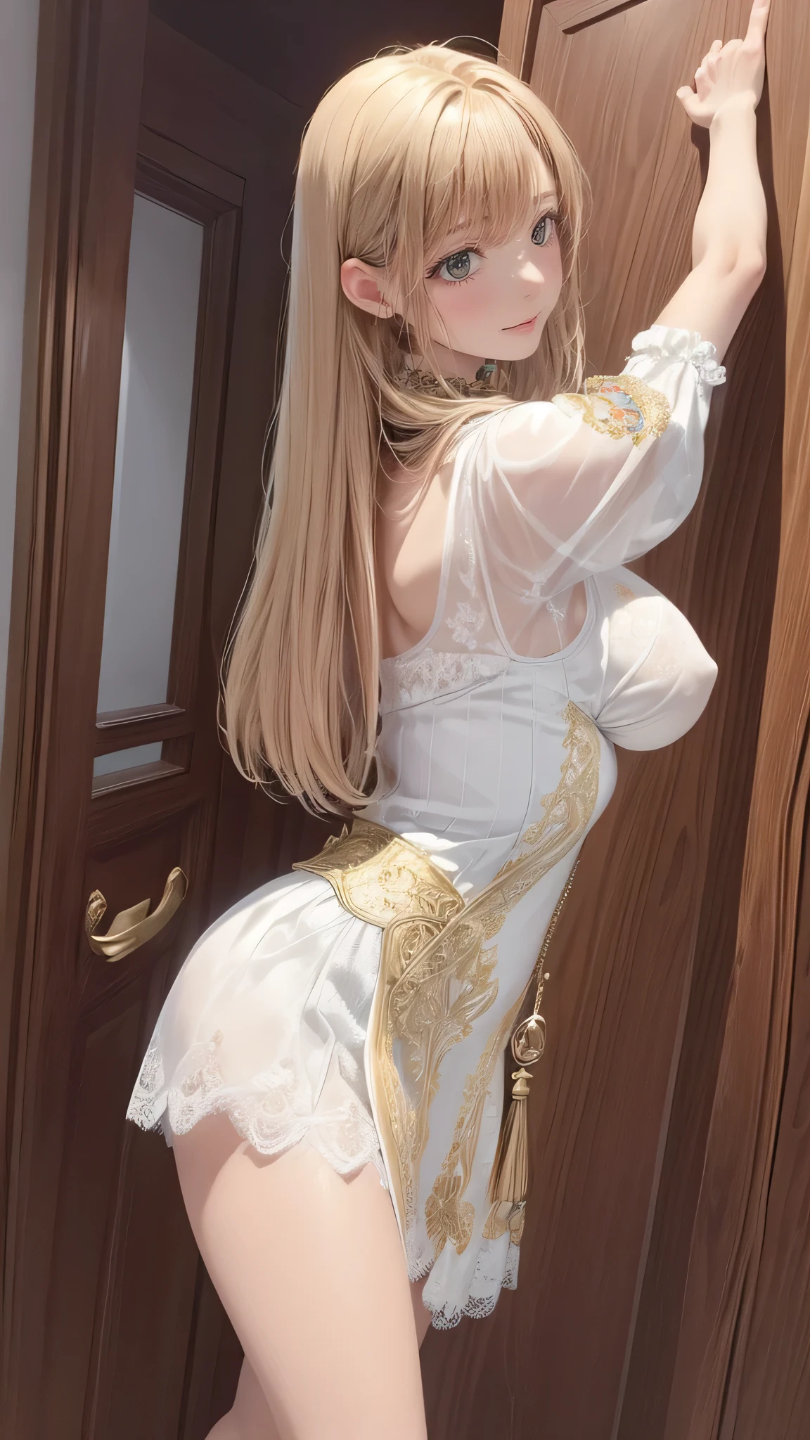 from behind,backwards,stretching,1girl,(ultra detailed skin),curvy,,beautiful breasts,large breasts,pale skin,pointy breasts,erect nipples,(fantasy art,Highest image quality,Hyperrealist portrait,(8k),ultra-realistic,best quality, high quality, high definition, high quality texture,high detail,beautiful detailed,fine detailed,extremely detailed cg,detailed texture,a realistic representation of the face,masterpiece,Sense of presence,Dynamic,bold),bob hair,(thin hair),(soft hair),(straight hair:1.5),Swept long bangs,extra light coppery amber hair,hair over one eye,(have a sword,leather boots,asymmetrical armor,(long embroidered white lace dress,see through,lift up the hem of the dress))