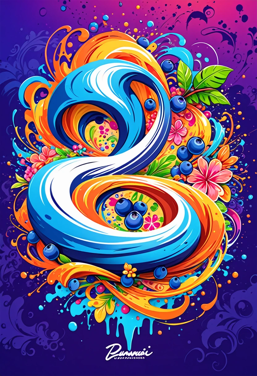 T-shirt logo with vector art, With many colorful blueberry illustrations, At the center, swirly vibrant colors, paint splashes and smears, high détail,Hawaiian style background (work of art, best qualityer, proffesional, perfect composition, very aesthetic, absurdrez, super verbose, details Intricate:1.3)