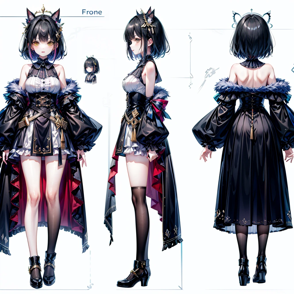 Chara-sheet, Three-view of roles, character design, frontage, Lateral face, on back, Set, masterpiece, 8k, best quality, extremely detailed, Fortune teller, hairpiece, very pretty, iconic