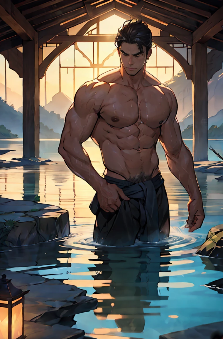A very tall and muscular man, the setting is a covered hot water lake, the walls are oriental, the lighting is perfect, the man is waist deep in the lake, the water in the lake is warm and clean and perfectly reflects the image, the man is very hot and his body is perfect, the man doesn't wear any clothes, hot naked male, the man's body is wide and masculine, your penis is big and bulging and the lighting is perfect