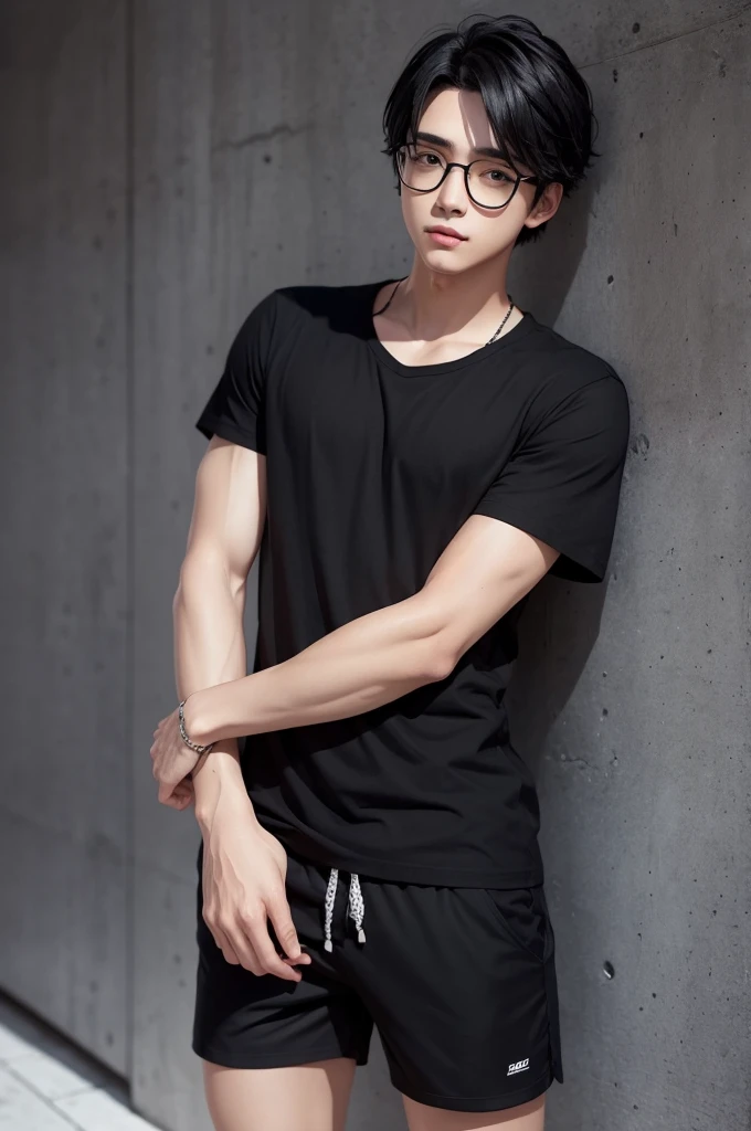 Draw me a boy with round glasses, black hair and a black shirt and shorts