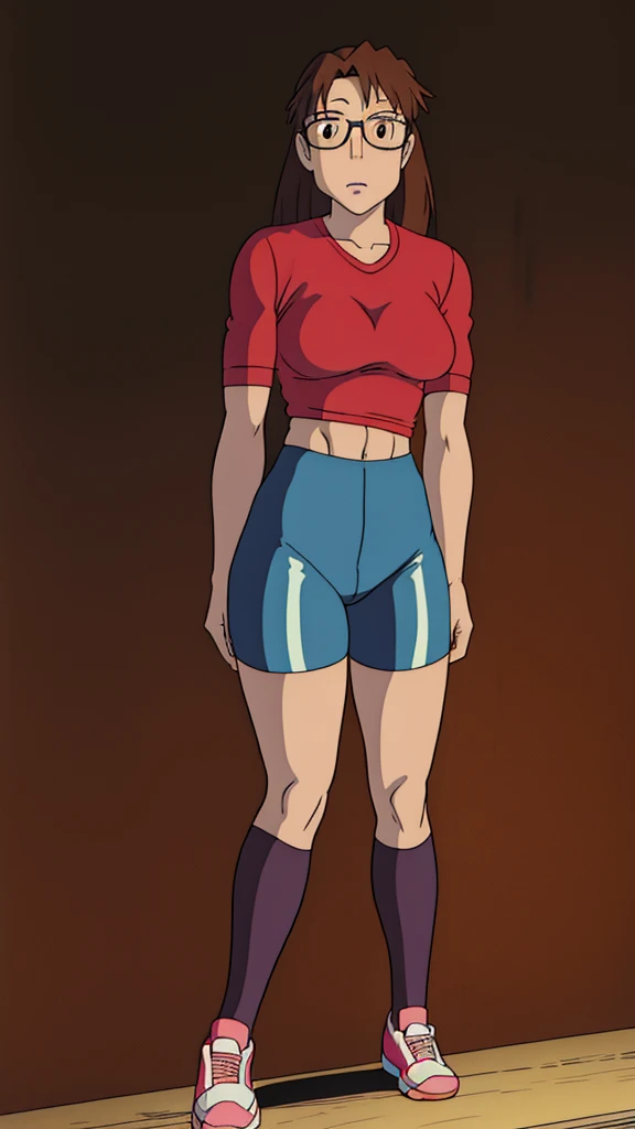 Koyomi Mizuhara, girl, brown hair, long hair, glasses, brown eyes, shirt, biker short leggings, medium breasts, short socks, shoes, Wallpaper, standing up, luscious lips, Back of view, slim waistline, wet shirt, abs, curvy, bent over, thighs spread, medium ass