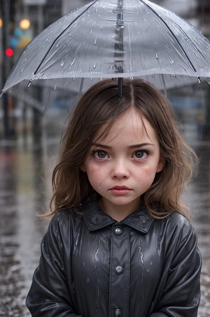 (dynamic angle:1.1), (cute face:1.2), dark sky, (nighttime:1.2), (rainy weather:1.2), detailed skin texture, photo of angry girl in the street, looking to the side, wet hair, volumetric light, masterpiece, best quality, intricate details, subsurface scattering