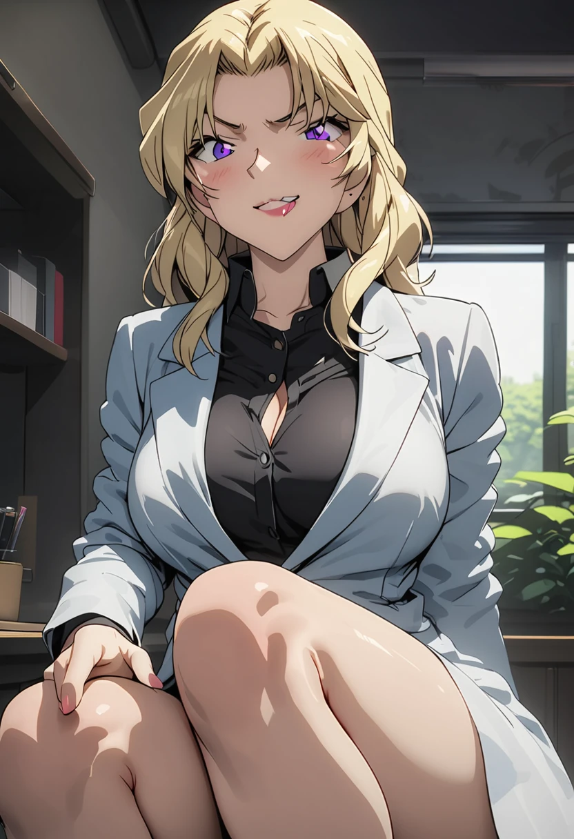 (Tabletop, highest quality, Super detailed), One Girl, Purple eyes, Blonde Hair, Dark Skin, Twin tails, ((bra))、((office worker))、((pantyhose))、Pencil Skirt、(Bedroom)、M-shaped sitting、(Hands behind head)、(Spread your legs)