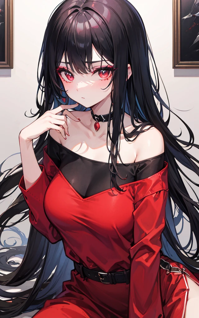 Extremely gorgeous smoky makeup，Off-shoulder black shirt and red dress，Black long hair，Tall, cold and bad sister