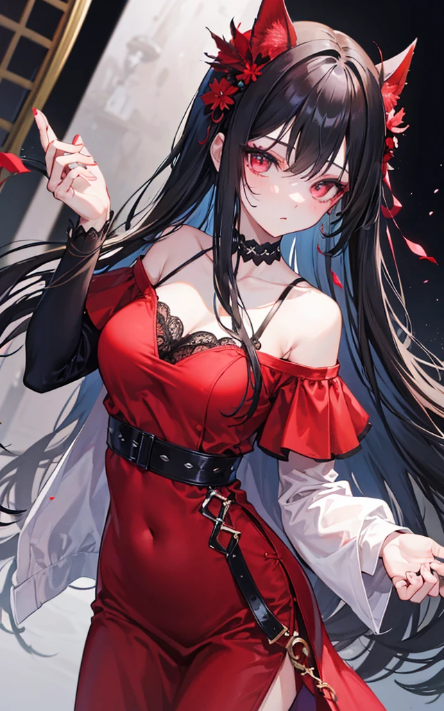 Extremely gorgeous smoky makeup，Off-shoulder black shirt and red dress，Black long hair，Tall, cold and bad sister