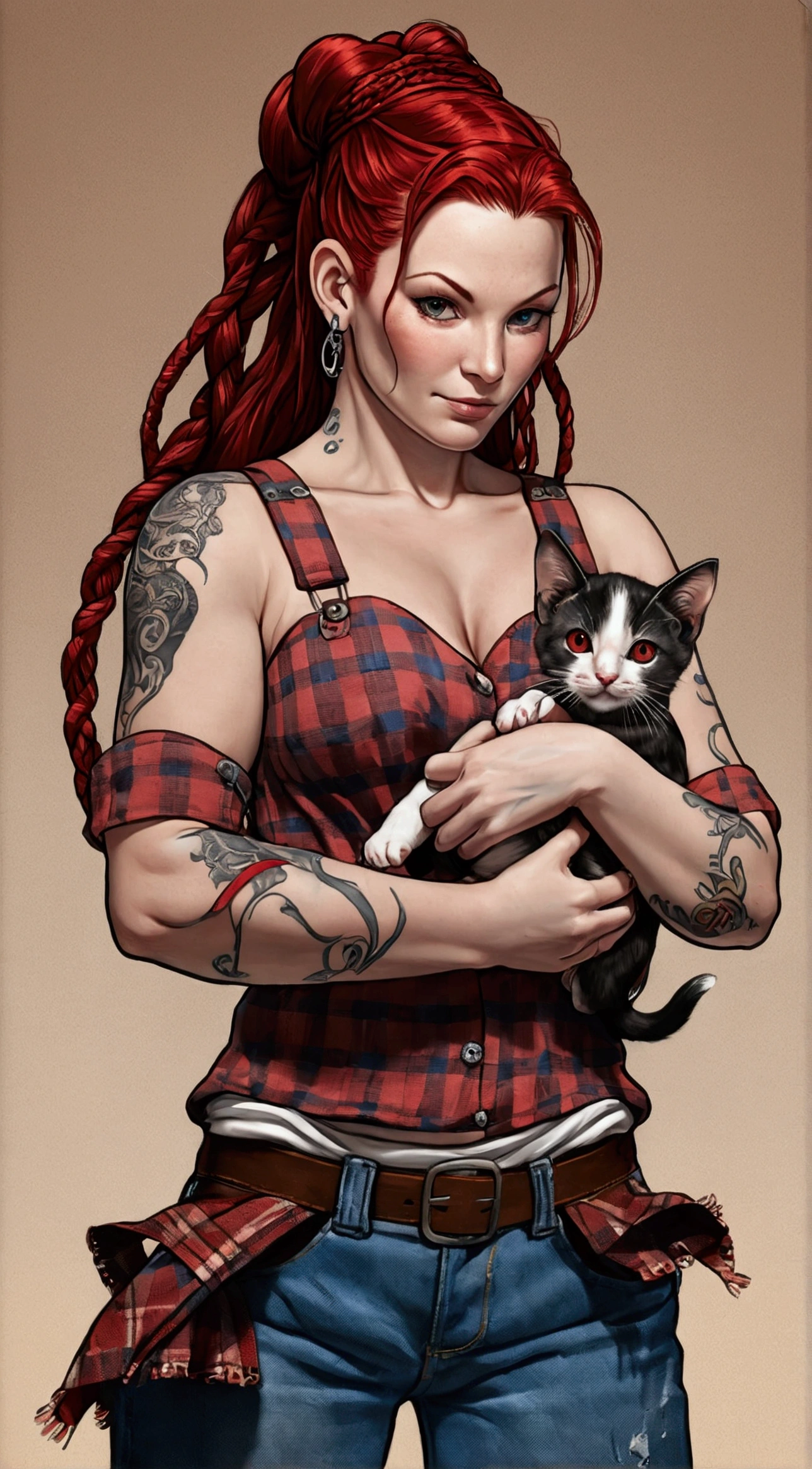 (masterpiece, best quality), (extremely detailed:1.3), (mature female:1.5), (fullbody:1.2), (female:1.2), (black tribal tattoos), (red hair with small braids), (red eyes:1.15), (big thighs), (big muscles), (thick muscle mommy) (red plaid shirt), (blue jean overalls), solo, on a farm, holding a kitten