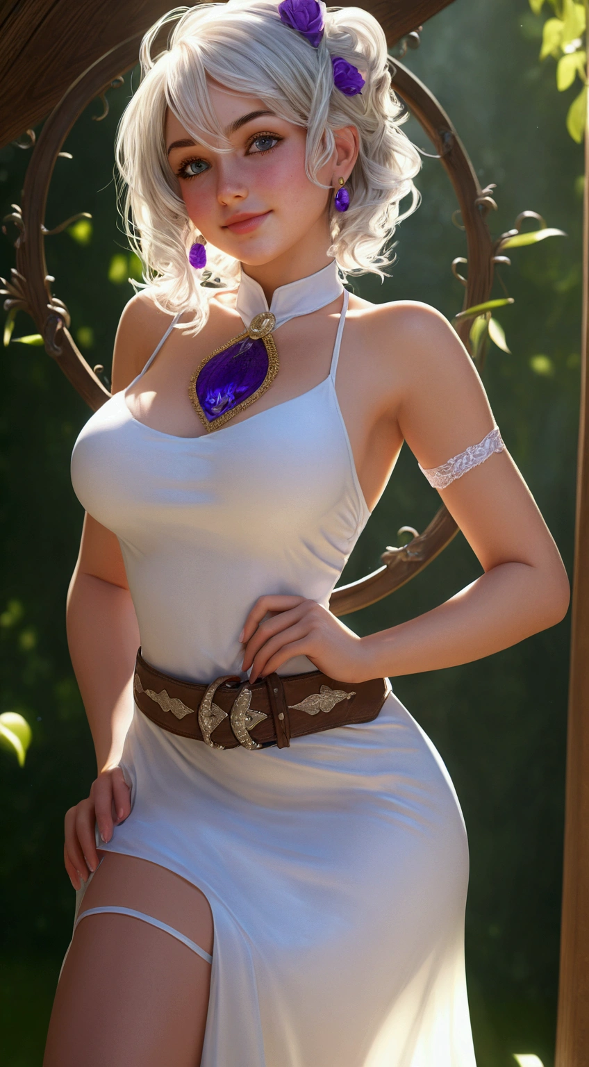 ((((work of art, best qualityer, high resolution)))), extremely detailed 8K, Beautiful girl with voluptuous body, (ultra HD, ultra detali, highy detailed, highly realistic, Ultra-realistic, photography realistic), (1 girl:1.5), (Realistic white hair), (short and wavy hair, hair ornamen, aretes), (dynamic poses), facing the camera, gazing at viewer, (blushing red, embarrased, ssmile), (purples eyes, sharp eyes), (perky breasts:1.2), (beautifull detailed face, beautiful detailed eyes), ((translucent loose summer dress)), (pussy detail), (standing), sweat, sheen, (ray of sunlight, lighting sun), ((cowboy shot)), Garden, seducer