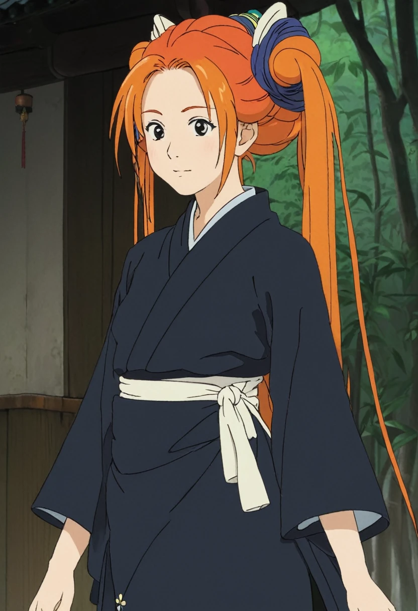 A Ghibli's studio character (2D). She have long orange hair are tied but look messy. She wears traditional dark oiran clothes . she seems cold
