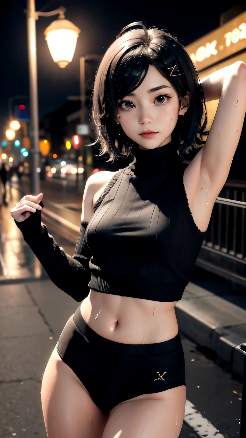 (nsfw:1.3), (8k, raw, top quality, Realistic, detailed), (wrapped Harness sexy fashion art:1.2), (1girl:1.5), BREAK (black theme:1.2), (harness woven all over the body like a spider's web, many layers, spider's web woven with a harness, Harness wrapped around the all body:1.5), (navel, stomach skin:1.1), (in a concrete), BREAK bold exposure, (oily and Shiny skin, disproportionately large breasts and rounded buttocks:1.4), (black background, refraction of white lighting), detailed eyes, The huge and moist blue eyes captivate the viewers, wet watery ash-gray hair styled in a sleek girl, BREAK (Wet and beautiful shining gray short hair:1.2), (oily skin, wet skin:1.3)