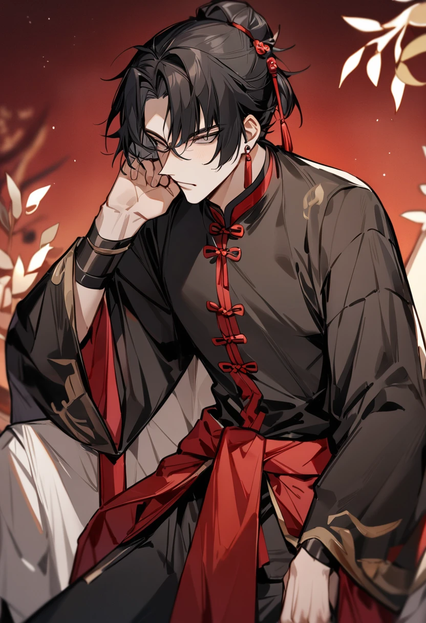 (masterpiece, best quality:1.2), 1male, solo, wei wuxian, mo dao zu shi, mdzs, black and red clothes, grey eyes, long black hair, perfect anatomy, red ribbon around the waist