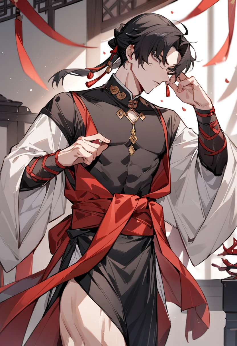 (masterpiece, best quality:1.2), 1male, solo, wei wuxian, mo dao zu shi, mdzs, black and red clothes, grey eyes, long black hair, perfect anatomy, red ribbon around the waist