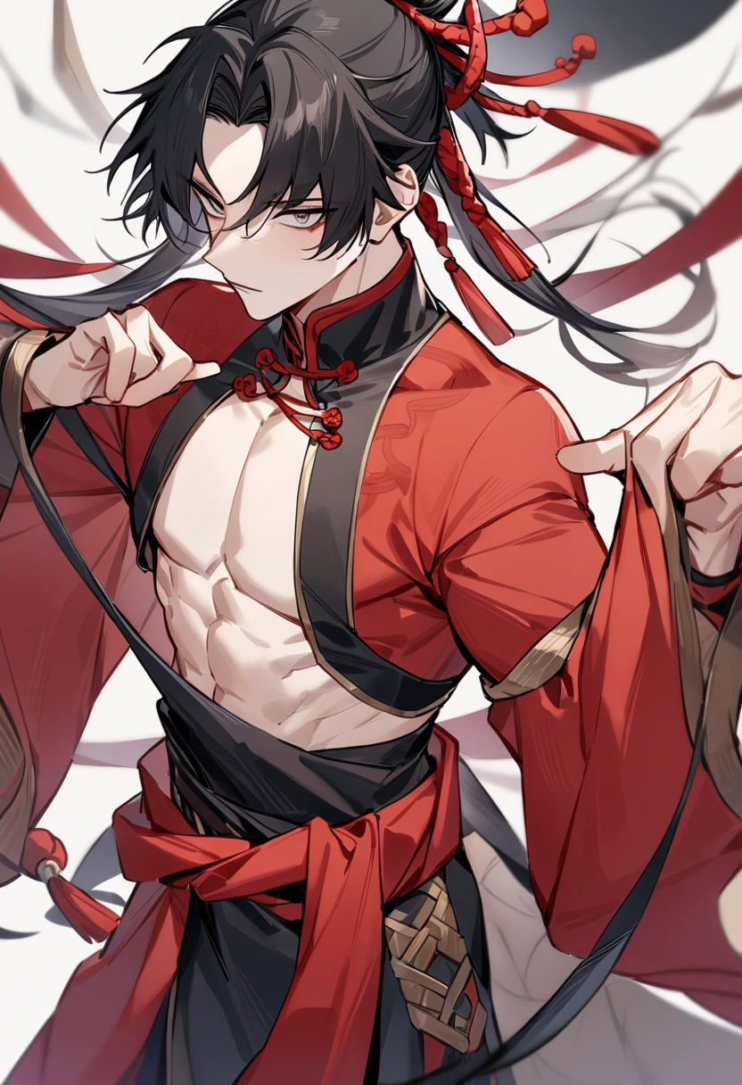 highres, sharp focus, pixiv masterpiece, ((intricate details)), highly detailed, yasuri_shichika, 1boy, male, stripe bead necklace, black hair, (spiked hair:1.1), ponytail, very long hair, red clothes, red open clothes, simple kimono, hakama <lora:Yasuri Shichika:0.8>
