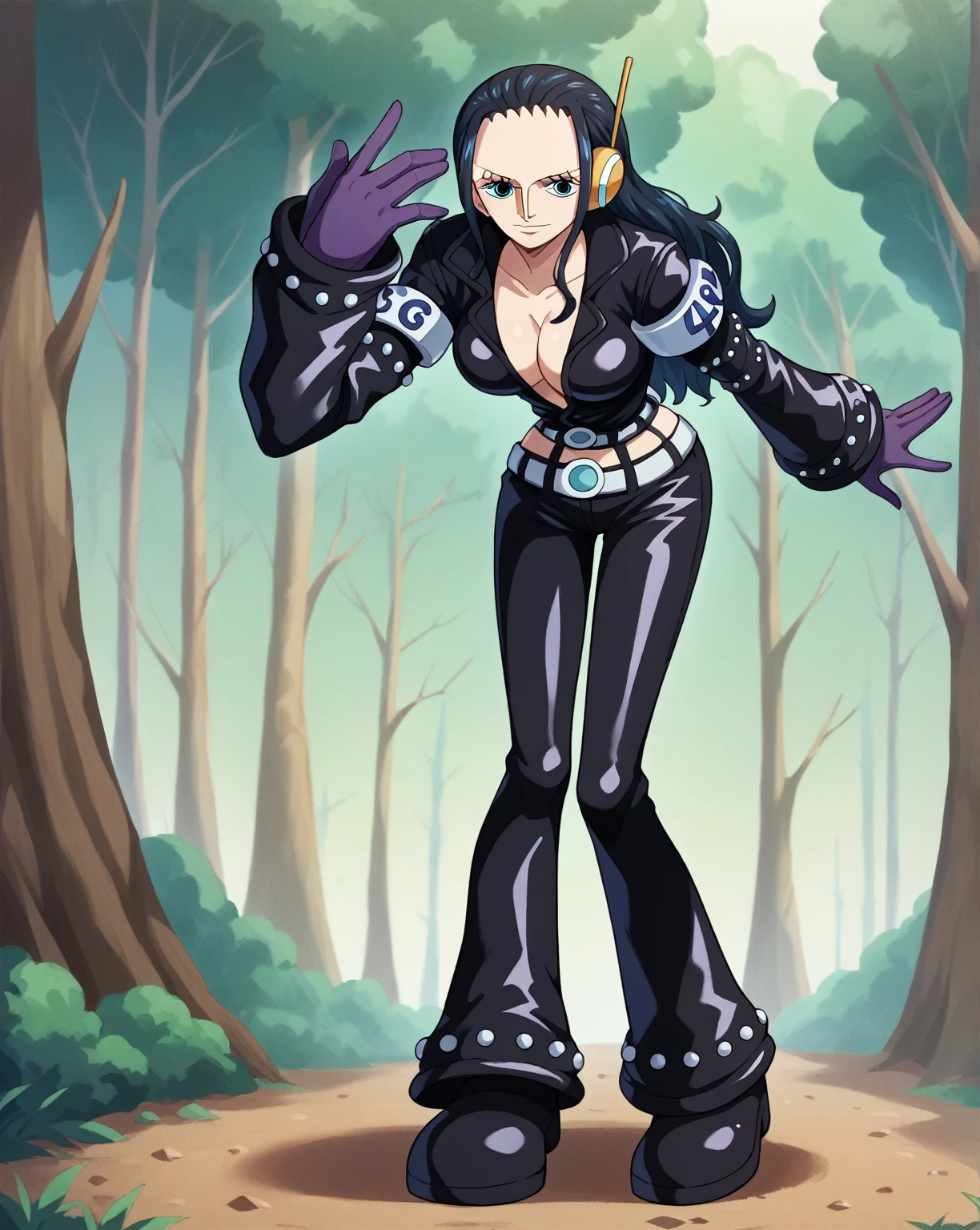 score_9, score_8_up, score_7_up, score_6_up, score_5_up, score_4_up, BREAK, source_anime, 1girl, nicoeh wearing a black jacket, nico robin,
full body, looking at viewer, forest background , full body covered till legs, egghead outfit, complete black hairs, one piece agghead anime style, in amimation style