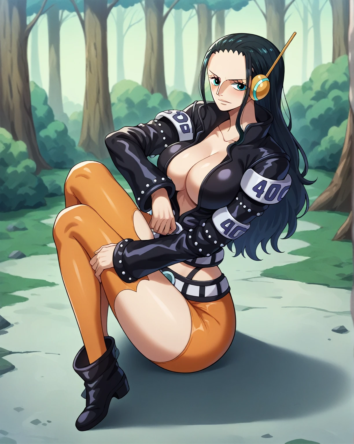 score_9, score_8_up, score_7_up, score_6_up, score_5_up, score_4_up, BREAK, source_anime, 1girl, nicoeh wearing a black jacket, nico robin,
full body, looking at viewer, forest background , full body covered till legs, egghead outfit, complete black hairs, one piece agghead anime style, in amimation style
