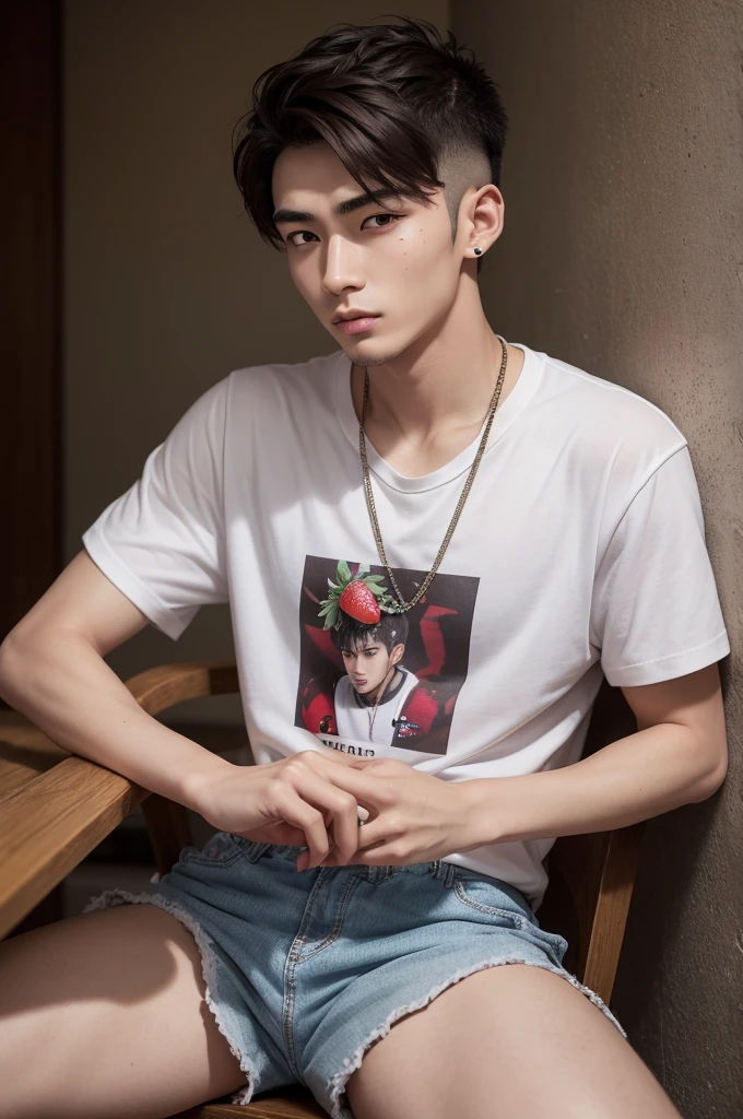 Raising a 23 year old man, Cao Cao, with tattoo on neck, faith written on the neck, dark brown hair, Brown eyes, mouth shaped like strawberries, perfect nose, brawny, with chain around the neck, 耳环, Eyebrow piercing, vestimentas, lacoste shirt, lacoste shorts, white havaiana flip flops, little line on the eyebrow, mohawk haircut. 