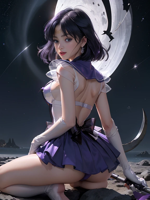 ((nsfw)), back shot, Ass, tmasterpiece、Faure:1.3、Stands、8K、。.。.。.。.。.。.。.3d、hentail realism、Ultraphotomicrography、top-quality、Extreme detail CG Unity 8K, the wallpaper、from below、intricately details、 girl)、13years、Sailor Saturn:1.5,Hotaru Domoto:1.5,Sailor senshi uniform:1.2、Dark purple hair、short hair blowing in the wind,((missiles,scythe,Bohr weapons:1.2 )),(Transparent purple sailor color,Purple back door miniskirt:1.3、Purple pleated mini skirt:1.3、The red bow on the chest is large,,,,,,,There are very large red bows on the buttocks, white panty,、Long white latex gloves,Purple gloves at the elbow、Luxurious gold crown、耳Nipple Ring,)、(Iris Outline, detail in face:1.5、Bright blue eyes、Beautiful expression、beautidful eyes、shinning eyes、thin lipss:1.5、Thin, Sharp, pale eyebrows,、long dark eyelashes、Double lashes、Luxury gold jewelry、Thin, Thin and muscular,,,,,,,,,、a small face、smallunderboob、Like,perfectly proportions、Thin waist、Visible Pore、Young face、sad expressions,seduct smile、Perfect hand:1.5、Very thin,Suitable for high-gloss white holographic leather、Transparent high-leg swimsuit、octan render、highly dramatic picture、Intense natural light、rays of sunshine、exquisite lighting and shadows、dynamic ungle、Digital SLR、sharp focus: 1.0、Maximum clarity and sharpness、((cosmos,Saturn:1.5、Saturn ring:1.5、The sanctity Ass of destruction and birth,universe background、rays of moonlight、Dynamic background、Detailed background)),(Meshaunf,tiara crown,Gold headdress on the forehead,See-through sailor suit)、((full bodyesbian)),Crouching, Spread legs, (sexy lingerie), (Lingerie transparent:1.3), (Through underwear, ), ,((The tip is clearly prominent)), excited, Provocative, ecstasy, (Looking viewer), looking at the camera in, from behind