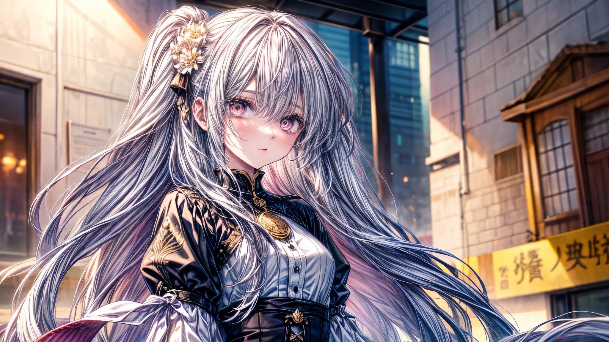 Detailed and stylized anime illustration featuring a young woman with fair skin and long, flowing hair adorned with intricate floral decorations. Her eyes are large and expressive, with delicate eyelashes. She is wearing a simple dress. The background is only gray. The color palette is predominantly pinks and soft yellows, giving the image a serene and ethereal quality. Create the character's head so that it does not get cut off. Create a character standing facing right.