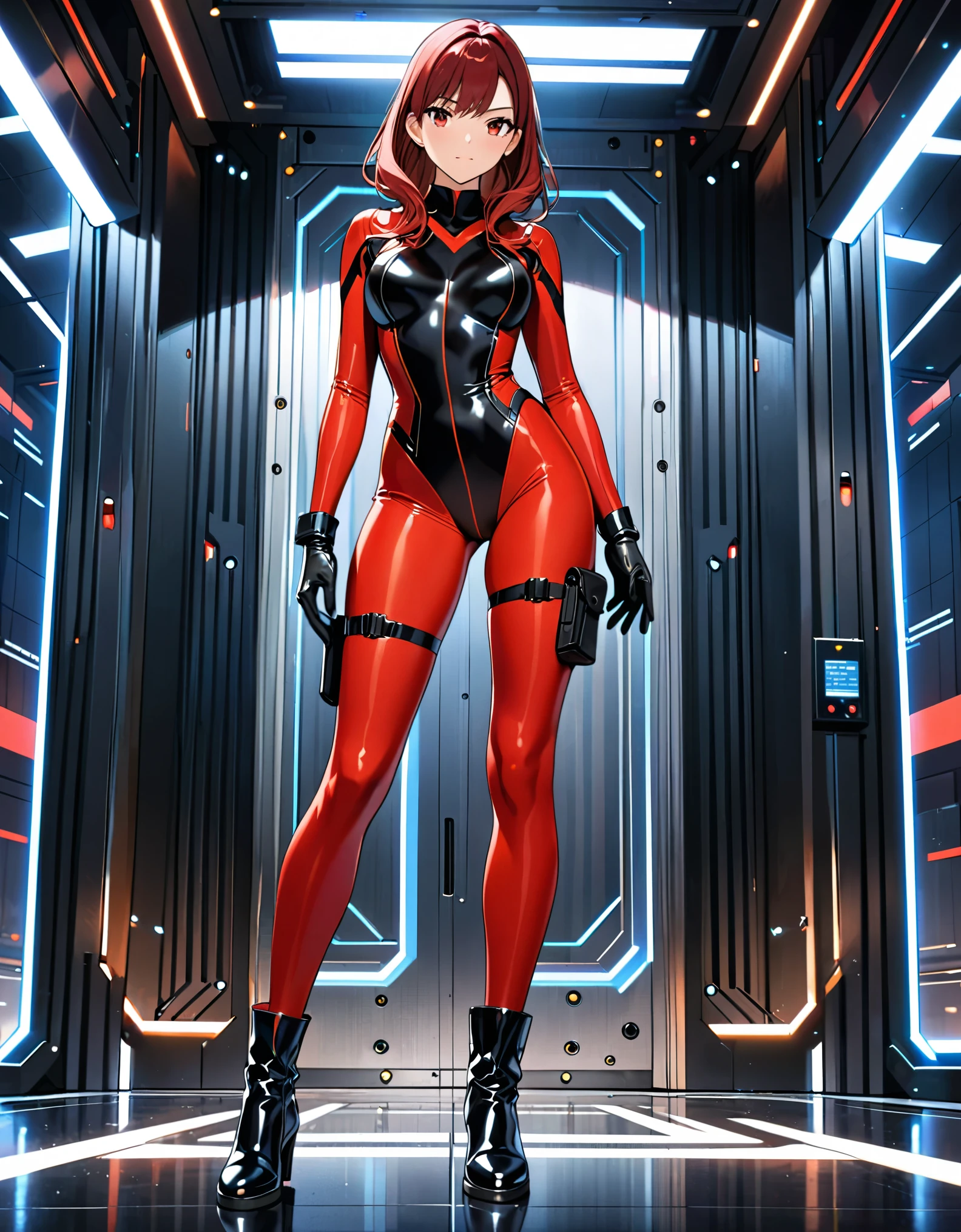 masterpiece, highly detailed, best quality, high quality, 1girl, (solo, solo focus), beautiful detailed eyes, beautiful detailed face, (perfect hands, complete fingers), perfect anatomy, perfect proportions, detailed shadows, detailed light, (red skintight bodysuit, (black leotard), thigh holster, thigh strap), matching gloves, (full red pantyhose, skintight red leggings, perfect fit), matching boots, full body, serious, full body costume design. hi-tech spy building, indoors.