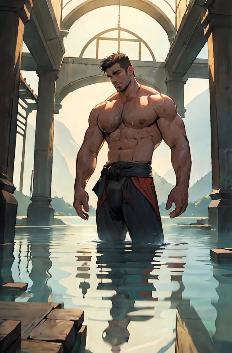 A very tall and muscular man, the setting is a covered hot water lake, the walls are oriental, the lighting is perfect, the man is waist deep in the lake, the water in the lake is warm and clean and perfectly reflects the image, the man is very hot and his body is perfect, the man doesn&#39;t wear any clothes, hot naked male, the man&#39;s body is wide and masculine, your penis is big and bulging and the lighting is perfect