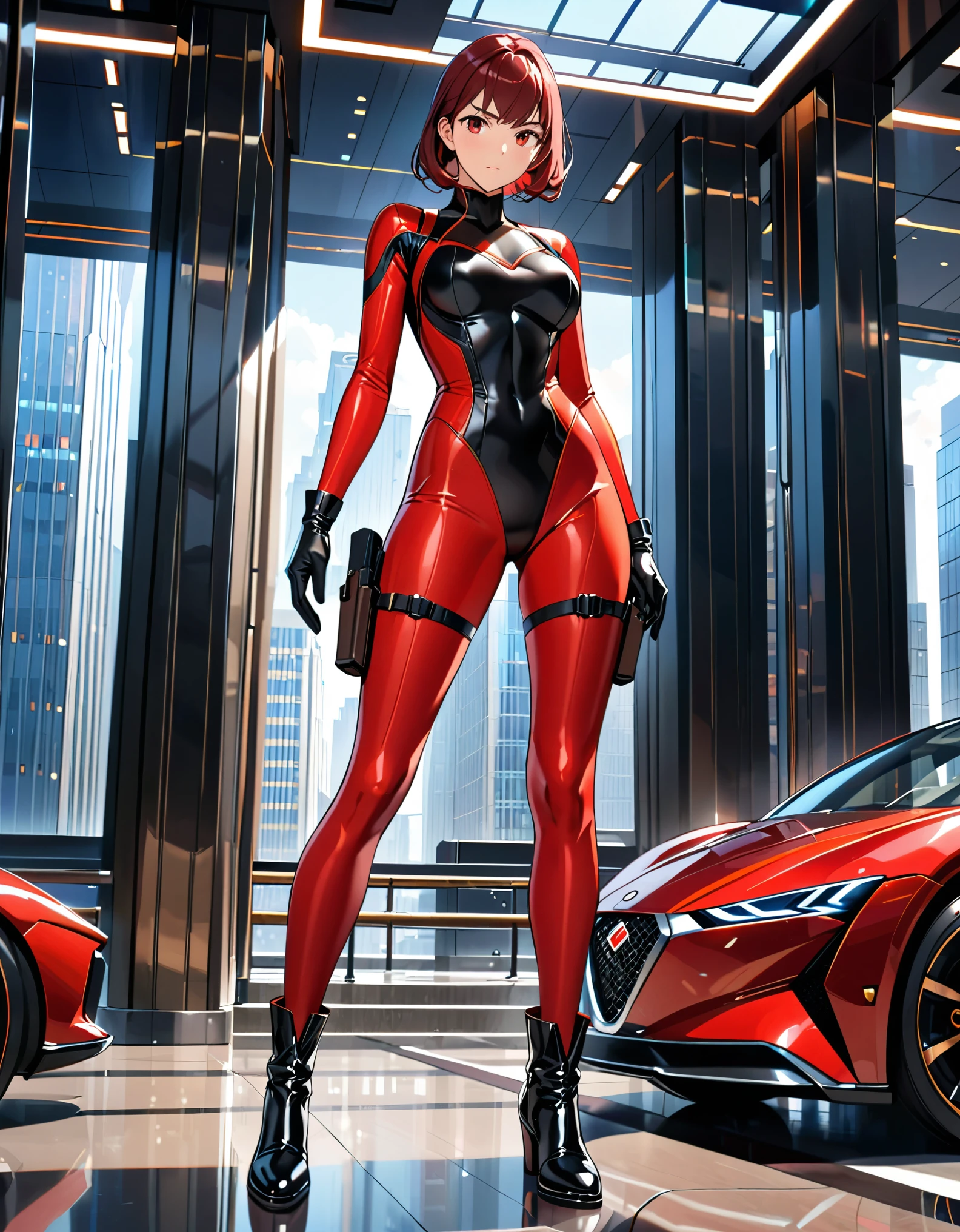 masterpiece, highly detailed, best quality, high quality, 1girl, (solo, solo focus), beautiful detailed eyes, beautiful detailed face, (perfect hands, complete fingers), perfect anatomy, perfect proportions, detailed shadows, detailed light, (red skintight bodysuit, (black leotard), thigh holster, thigh strap), matching gloves, (full red pantyhose, skintight red leggings, perfect fit), matching boots, full body, serious, full body costume design. hi-tech spy building, indoors.