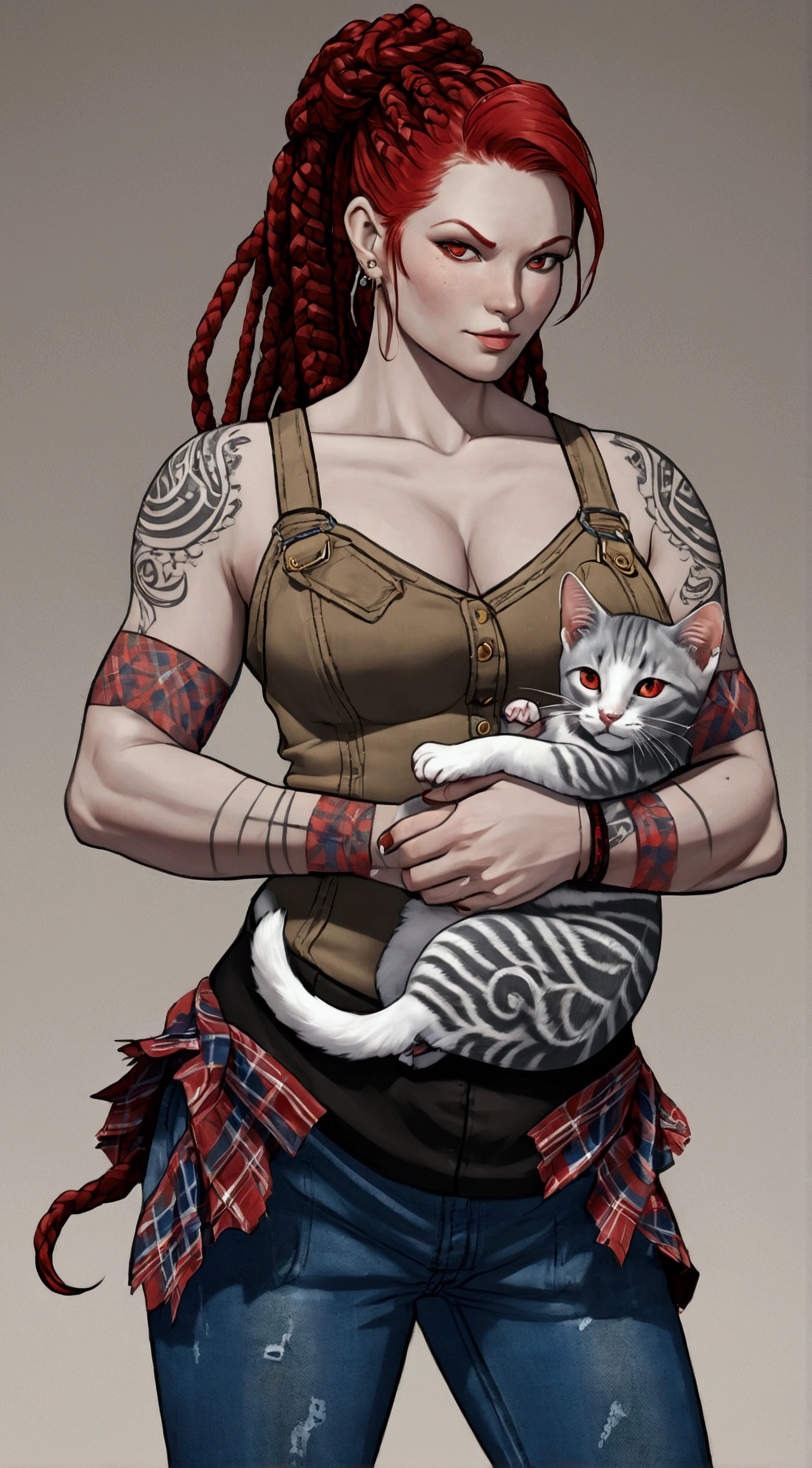 (masterpiece, best quality), (extremely detailed:1.3), (mature female:1.5), (fullbody:1.2), (female:1.2), (black tribal tattoos), (grey skin), (red hair with small braids), (red eyes:1.15), (big thighs), (big muscles), (thick muscle mommy) (red plaid shirt), (blue jean overalls), solo, on a farm, holding a kitten
