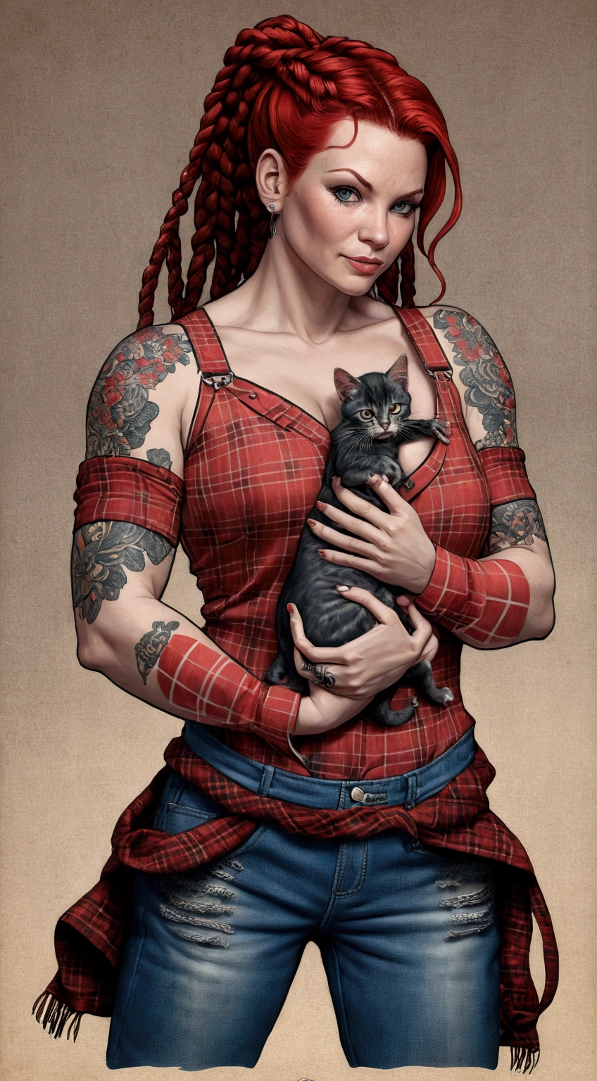 (masterpiece, best quality), (extremely detailed:1.3), (mature female:1.5), (fullbody:1.2), (female:1.2), (black tribal tattoos), (grey skin), (red hair with small braids), (red eyes:1.15), (big thighs), (big muscles), (thick muscle mommy) (red plaid shirt), (blue jean overalls), solo, on a farm, holding a kitten