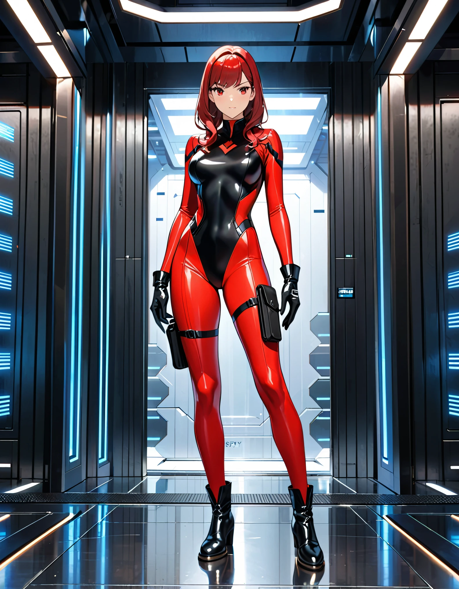 masterpiece, highly detailed, best quality, high quality, 1girl, (solo, solo focus), beautiful detailed eyes, beautiful detailed face, (perfect hands, complete fingers), perfect anatomy, perfect proportions, detailed shadows, detailed light, (red skintight bodysuit, (black leotard), thigh holster, thigh strap), matching gloves, (full red pantyhose, skintight red leggings, perfect fit), matching boots, full body, serious, full body costume design. hi-tech spy building, indoors.