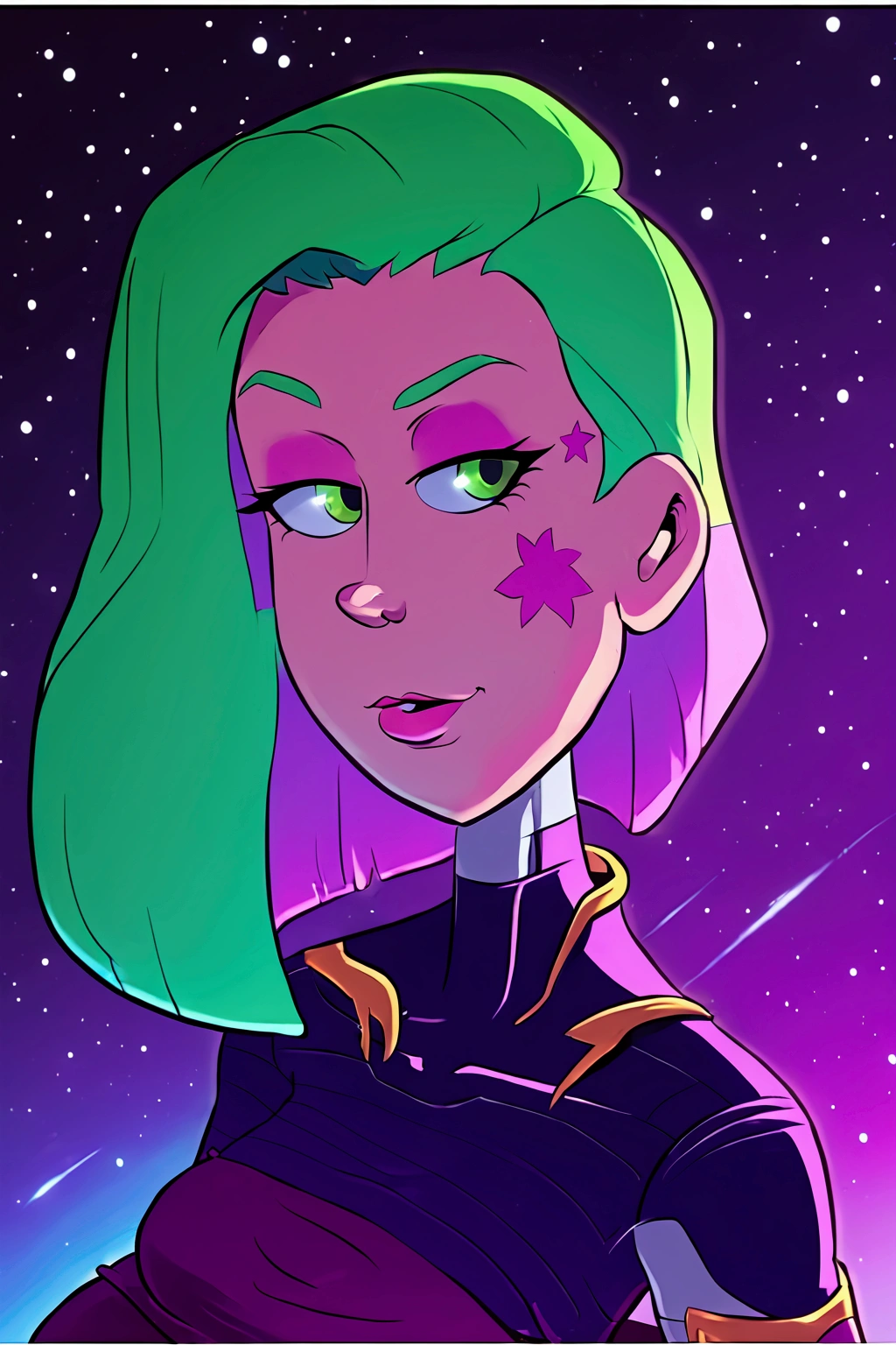  a woman with green hair, girl of the zodiac knights, portrait girl of the zodiac knights, girl in space, queen of the galaxy, goddess of the galaxies, cosmic girl, saiyan girl, molly space, on a galaxy-looking background, intergalactic princess, android heroine, cyborg goddess in cosmos, sitting on top of Pluto, with one's legs crossed.