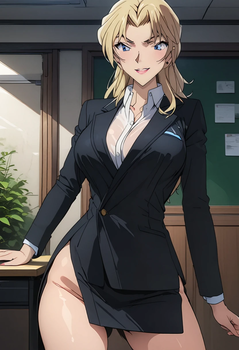 A beautiful teacher in a suit stands in the room, There is a blackboard on the wall behind her, Beautiful teacher, Sexy, aloof, Black wrapped long legs, blonde, Licking lips,Ultra HD, Retina, precise, masterpiece, Anatomically correct, Textured Skin, Super Detail, high quality, High Detail, best quality, high resolution, 1080P