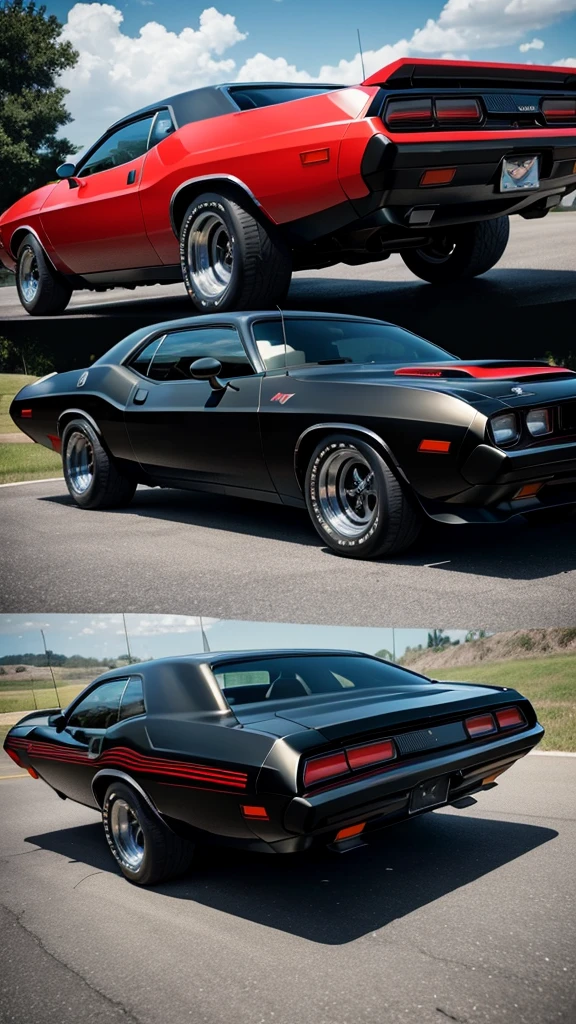 1980's dodge challenger, black paint job with red accents.