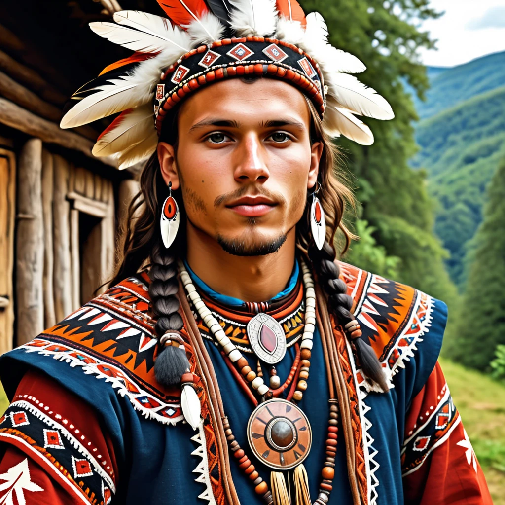 man in folk outfit from an unknown european tribe, vector graphics, strong contours

