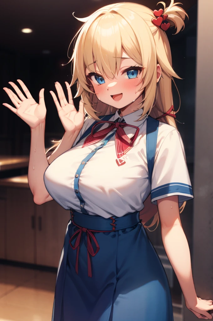 masterpiece, akai haato, ho****ve, 1girl, bangs, blonde hair, blue eyes, blush,huge breasts, collared shirt, hair between eyes, hair ornament,heart, heart hair ornament, long hair, , neck ribbon, one side up, red ribbon, ribbon, shirt, short sleeves, sidelocks, simple background, smile, solo, sparkle, virtual youtuber, white background, white shirt, cowboy shot, :d, blue skirt,v,waving,blush,sweating,,closed mouth,indoor,nsfw